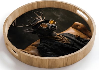 Dienblad rond 40x40 cm - Schootdienblad hout - Hert - Zonnebril - Zwart - Pak - Borrelplank rechthoek - Plateau houten dienbladen