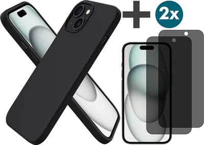 Hoesje met Privacy Screenprotectors 2 Stuks Geschikt voor iPhone 15 Hoesje Siliconen - liquid case - Arara Backcover - Zwart