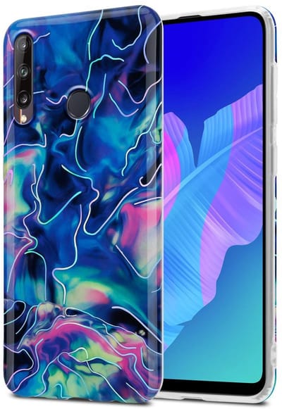 Cadorabo Hoesje geschikt voor Huawei P40 LITE E in Blauw Roze marmer No. 17 - Beschermhoes gemaakt van TPU siliconen Case Cover met mozaïek motief