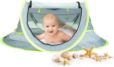 Baby Strandtent - Reisbedje Zonnedak - Baby Beschermen - UV 50+ Bescherming - 108x51x65 cm - Grijs