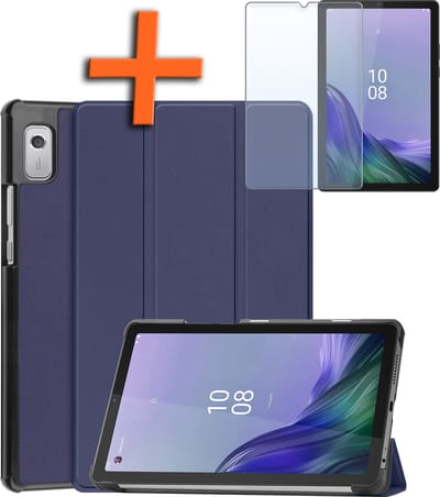 Hoesje - Geschikt voor Lenovo Tab M9 - Met Screenprotector - Trifold Bookcase - Hard Cover - Hardcover Book Case - Tablet Hoes - Donkerblauw