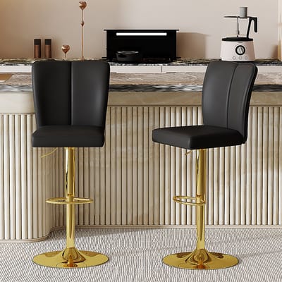In hoogte verstelbare barkrukken in een set van twee, 360° draaibaar. Luxe barkrukken in zwart-goud design, gemaakt van waterafstotend PU-leer, geschikt voor keukeneilanden. Verkrijgbaar in diverse kleuren.
