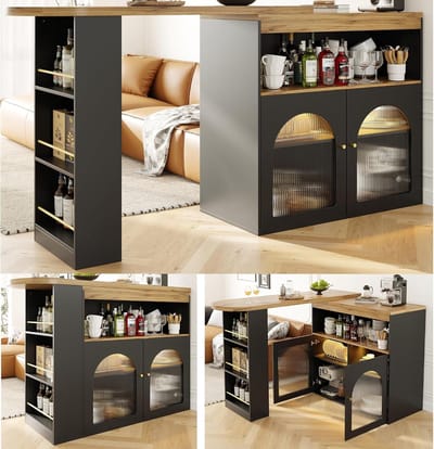 Bartafel Uittrekbaar & Draaibaar 138x39x105 cm met Opbergruimte en LED Verlichting – Moderne Statafel / Bistrotafel van Teakhout Zwart – Laura
