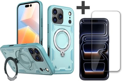 Hoesje Geschikt voor iPhone 17 Pro met gehard glas Screenprotector - Armor hoes met Ringhouder - Arara backcover - Lake Blauw