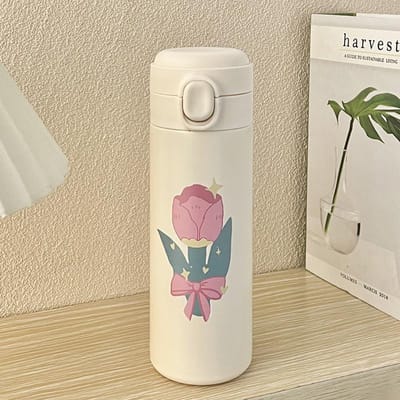 Roestvrijstalen Thermobeker Bloemen Geïsoleerde Fles Waterbeker voor Buitensport Lekdichte Thermosflessen Reiswaterfles 420ml (7.5x7.5x20cm) beige
