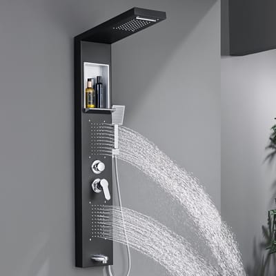 Auralum Max Douchepaneel met Massage - 4 in 1 Douchesysteem Regendouche - Douchekolom - RVS - met Regenkop, Inbouwnis,Handdouche, Massagejets & Baduitloop – Douche Combinatie Set - Zwart