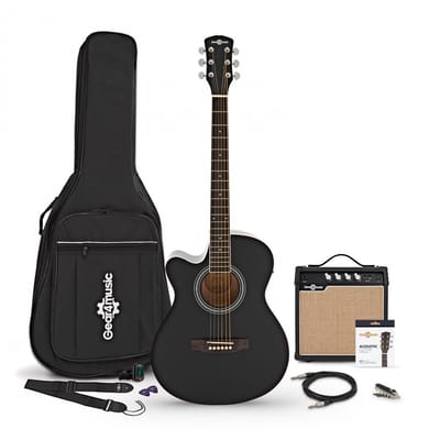 Single Cutaway Linkshandige Elektro-akoestische Gitaar, Zwart, met 15W Akoestische Versterker & Accessoireset