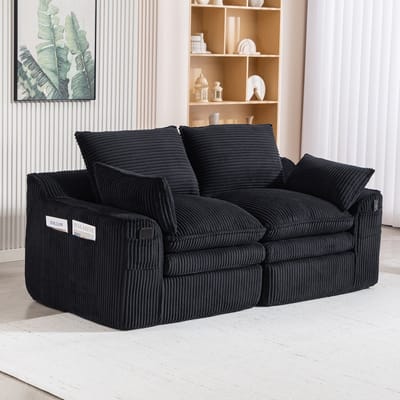 Modulaire 2-zits corduroy bank – met kussens en twee zijvakken van verschillende afmetingen, 3-laags schuim + veringkern voor snelle terugvering. Ideaal voor woonkamers, kantoren en meer. Zwart
