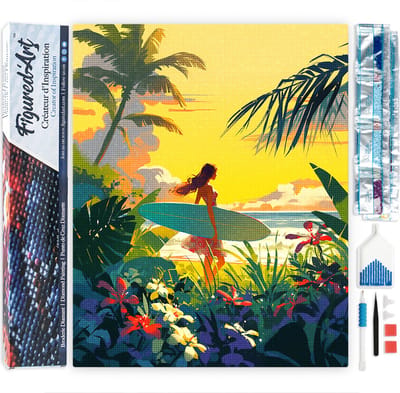 Figured'Art Diamond Painting set Volwassenen 40x50 cm Surfer bij zonsondergang - 5D DIY Art full drill vierkante diamant - Opgerold canvas