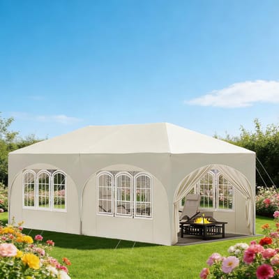 HAUSS SPOLE Partytent – 3 x 6 m Verstelbare Hoogte – Metaal En Oxforddoek – Beige – Voor Buitenfeesten Met 6 Zijwanden En Draagtas