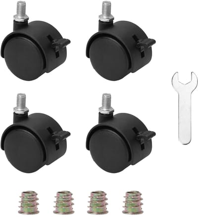 4 stuks 4,6 cm meubelwielen met rem, nylon zwenkwielen met M7,5-schroefdraad, moer en moersleutel, zwart