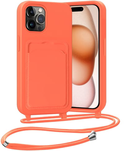 Hoesje Geschikt voor iPhone 14 Pro Hoesje Met Telefoonketting Pasjeshouder Case Koord - Hoesje Geschikt voor iPhone 14 Pro Hoes Met Kaarthouder - Papaya