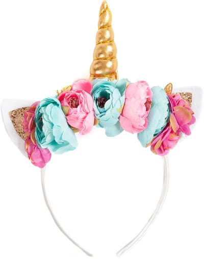 KIMU® Eenhoorn Haarband Bloemetjes Goud Blauw Roze - Unicorn Diadeem Met Oortjes en Bloemen - Gouden Hoorn Blauwe Roze Bloemen Festival