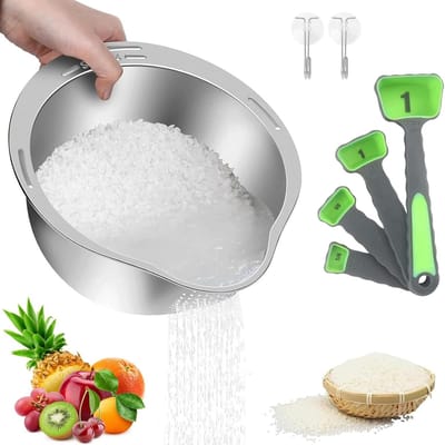 Roestvrijstalen voedselveilige spoelbak met tuit voor het wassen en afgieten van rijst, pasta en groenten, ideaal voor quinoa, fruit en bonen.