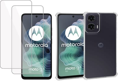 Geschikt voor Motorola Moto G35 - Hoesje + 2x Screenprotector – Gehard Glas Cover + Shock Proof Case – Transparant