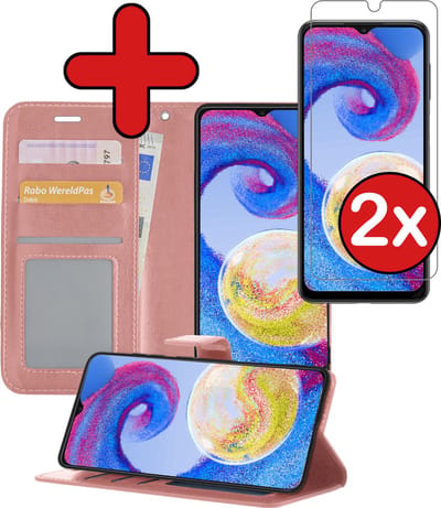Hoesje - Met 2x Screenprotector - Geschikt voor Samsung Galaxy A04s - Luxe Pasjeshouder - Flip Case - Bookcase Portemonee - Kunstleer Book Case - Flipcase Hoes - Book Cover - Walletcase - Portemonneehoes - Telefoonhoes - Rosé goud
