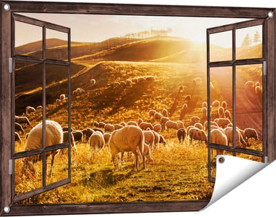 Gards Tuinposter Doorkijk Schapen in de Heuvels bij Zonsondergang - 90x60 cm - Tuindoek - Tuindecoratie - Wanddecoratie buiten - Tuinschilderij