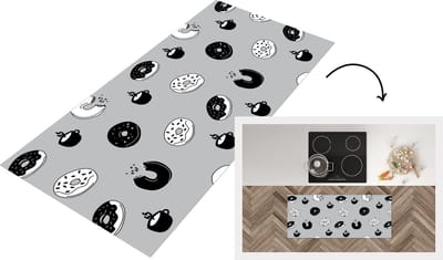 Keukenloper - Loper keuken - Donut - Patronen - Koffie - Zwart Wit - 120x50 cm - Keukenloper vinyl