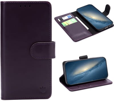 Casemania Echt Leren Hoesje Geschikt voor Apple iPhone 16e - Dark Purple - Leer Book Cover - Portemonnee Hoes met Pasjeshouder
