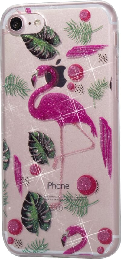 Peachy Glitter Poeder hoesje TPU geschikt voor iPhone 7 8 SE 2020 SE 2022 - flamingo`s en Bladeren