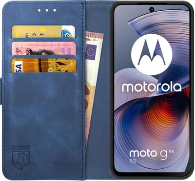 Rosso Element Geschikt voor Motorola Moto G55 | Wallet Book Case | Portemonnee Hoesje | 3 Pasjes | Magneetsluiting | Stand Functie | Blauw