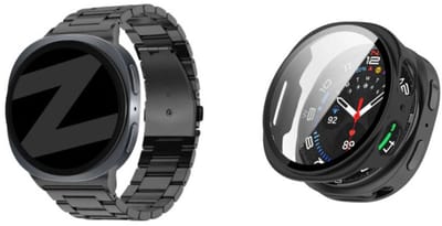 Bandz Bundel – RVS Schakelband ‘Classic’ – Zwart – (inclusief Inkortset) + Hard Case met Screenprotector Glas – Zwart – geschikt voor Samsung Galaxy Watch 8 (44mm)