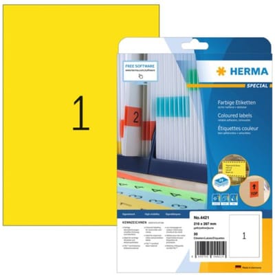 Etiket HERMA 4421 210x297mm A4 verwijderbaar geel 20 stuks