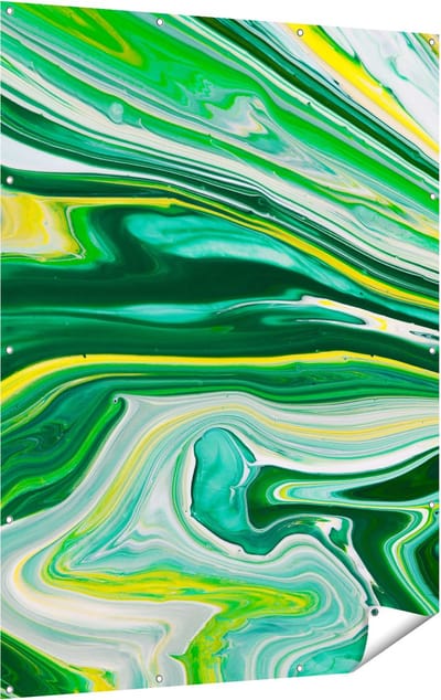 Gards Tuinposter Abstracte Kunst - Groen met Gele Verf - 120x160 cm - Tuindoek - Tuindecoratie - Wanddecoratie buiten - Tuinschilderij