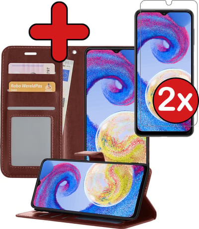 Hoesje - Met 2x Screenprotector - Geschikt voor Samsung Galaxy A04s - Luxe Pasjeshouder - Flip Case - Bookcase Portemonee - Kunstleer Book Case - Flipcase Hoes - Book Cover - Walletcase - Portemonneehoes - Telefoonhoes - Bruin