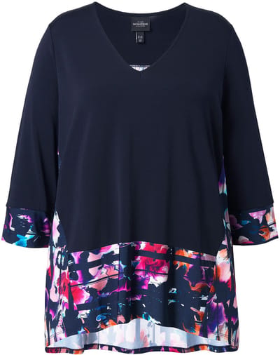 Ulla Popken - Dames - Slinky shirt patchlook A-lijn V-hals 3/4-mouwen - Donkermarine - Maat 42+
