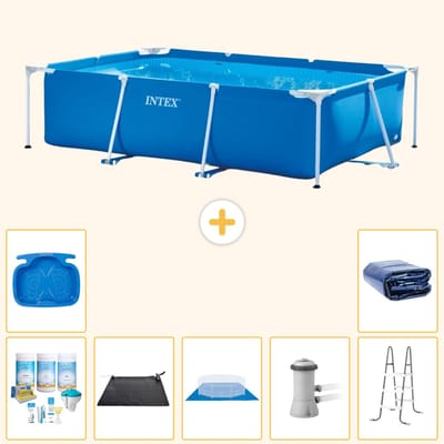 Intex Rechthoekig Frame Zwembad - 300 x 200 x 75 cm - Blauw - Inclusief Onderhoudspakket - Solar Mat - Grondzeil - Zwembadfilterpomp - Voetenbad - Ladder - Solarzeil - 8-delig