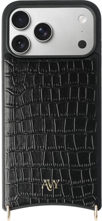 AVY Leren Hoesje geschikt voor Apple iPhone 17 Pro Max | Compatibel met MagSafe | Leather Case | Back Cover | Haakjes voor koord | Croco Zwart