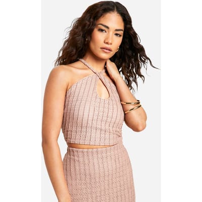 boohoo Dames Petite getextureerde halter crop top met sleutelgat | Steen | Maat: 40