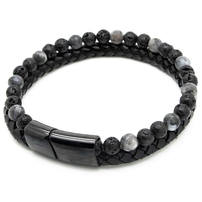 Sorprese armband - Exclusive - armband heren - Zwart Leer en Grijs Lavasteen - 20,5 cm - zwarte sluiting - cadeau - Model Q