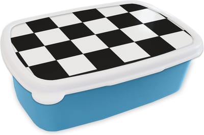Broodtrommel Blauw - Lunchbox Schaakbord - Patronen - Zwart Wit - Brooddoos 18x12x6 cm - Brood lunch box - Broodtrommels voor kinderen en volwassenen
