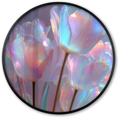 Poster in lijst Rond - Fotolijst 60x60 cm - Posters - Tulpen - Glazen - Bloemblaadjes - Pasteltinten - Ronde posterlijst zwart - Decoratie - Wanddecoratie woonkamer - Muurdecoratie slaapkamer