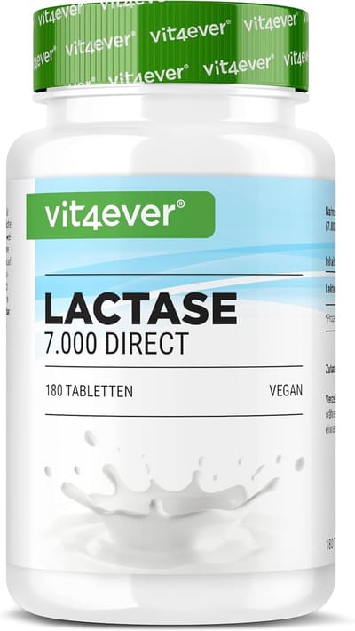 Lactase 7.000 FCC - 180 tabletten met direct effect - Hooggedoseerd met 7.000 FCC-eenheden - Voor lactose-intolerantie + melk-intolerantie - Zonder ongewenste toevoegingen - Veganistisch - Vit4ever