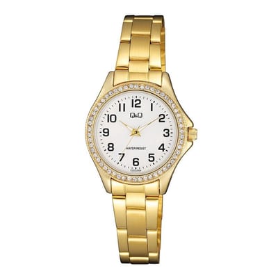 Q&Q C223J004Y - Horloge - Analoog - Dames - Vrouwen - stalen band - Rond - Metaal - Cijfers - Goudkleurig - Wit - Briljanten