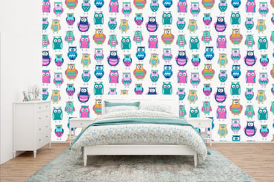 Behang - Fotobehang Regenboog - Uil - Cartoon - Breedte 400 cm x hoogte 240 cm