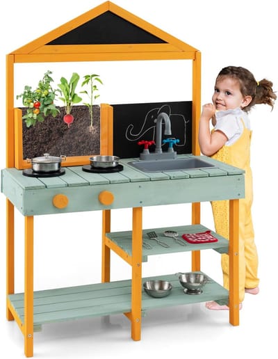 KOMFOTTEU Modderkeuken voor kinderen - buiten speelkeuken - kinderkeuken van hout met 2 borden, plantenbak, draaibare kraan, afneembare wastafel, 2 planken en kookgerei - buitenkeuken - voor kinderen vanaf 3 jaar