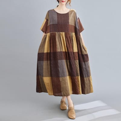 Damesjurk van katoen en linnen Vintage geruite print O-hals Halve mouwen Zijzakken Gewaden Casual One Size koffie