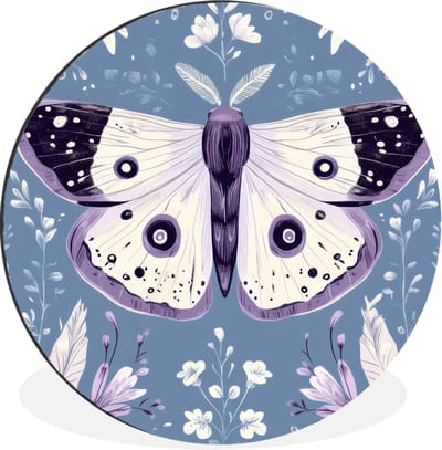 WallCircle - Wandcirkel - Muurcirkel - Vlinder - Bloemtakken - Lichtblauw - Aluminium - Dibond - 30x30 cm - Binnen en Buiten