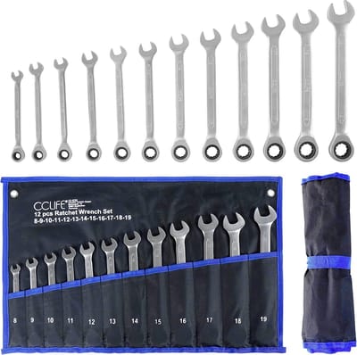 CCLIFE - 12 Delig - Ratelsleutelset - 8-19 mm - Ratelring - Steeksleutelset - Cr-V - 72 Tanden - Sleutels & Sleutels - Combinatiesleutels