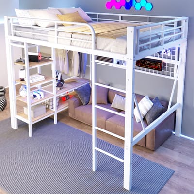 Hoogslaper 140 x 200 cm - met opbergruimte - inclusief ophangnet - met kledingstang - met LED-verlichting - zonder matras - wit