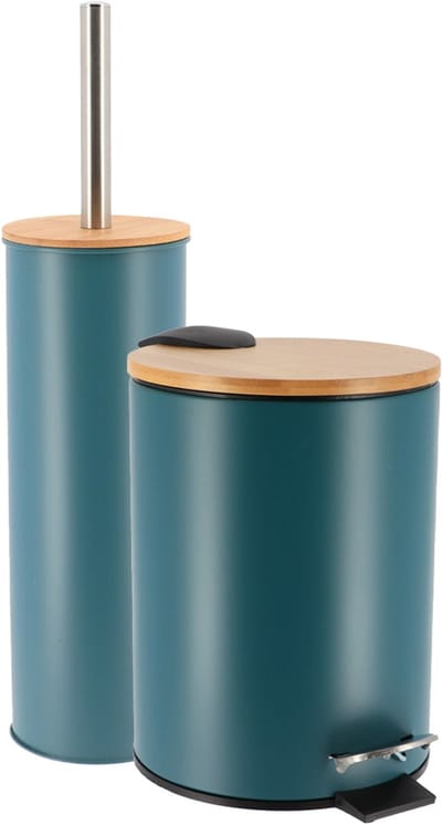Tendance Badkamerset prullenbak en toiletborstel - Bamboo vibe - soft close - petrol - 3 liter - metaal