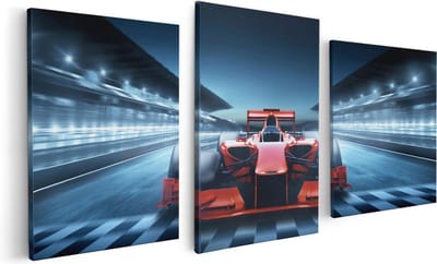 Artaza Canvas Schilderij Drieluik Formule 1 Auto bij de Finish - Rood - 120x60 - Foto Op Canvas - Canvas Print