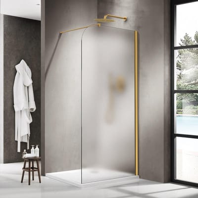 FugaFlow Eccelente Vetro Inloopdouche - 100x200cm - afgeronde glaswand - rechts - mat glas - wandarm - geborsteld messing PVD (Goud)