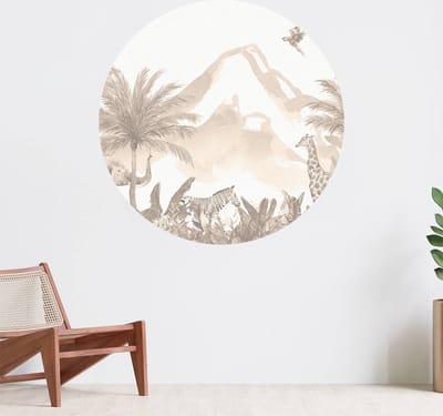 Muurcirkel zelfklevend behang - Jungle dieren in taupe - Wanddecoratie - 080cm behangcirkel - Ronde sticker voor aan de muur - Behangsticker verkrijgbaar in verschillende formaten