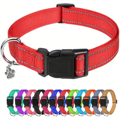 Collier pour chien avec empreinte de patte et fil réfléchissant, Accessoires pour animaux de compagnie, Collier réfléchissant en nylon, pour chiens de grande/moyenne/petite taille, Taille réglable M rouge