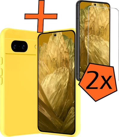Hoes - Met 2x Screenprotector - Geschikt voor Google Pixel 8a - Sterk & Shockproof - Back Cover - Siliconen Case - Telefoon Hoes - Geel